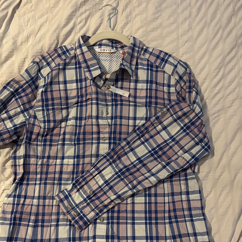 Orvis Women’s Casual Plaid Shirt in Blue and Pink. Perfect for Fly Fishing